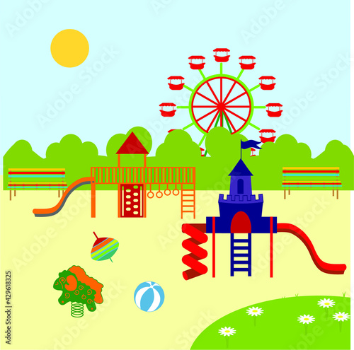 Children playground. Swings, sandpit, sandbox, bench, tree, slide. Children playing on playground. Kids swinging and playing. vector art and illustration