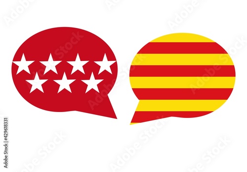 Diálogo entre Madrid y Barcelona, madrileños y catalanes. Hablar, dialogar, opinar y proponer.. Bocadillos con las banderas de Madrid y Barcelona