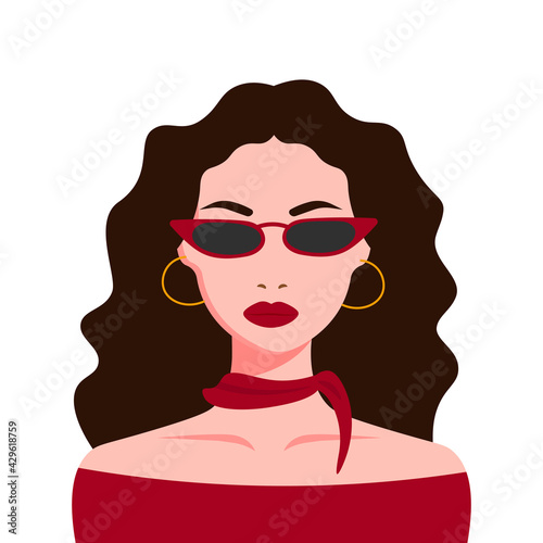 Portrait of a woman in sun glasses. Isolated. Social media avatar. Vector flat illustration in rero colors.