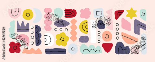 Set of abstract hand drawn doodle objects and various organic shapes. Modern collage for pre-made poster print or greeting card. Contemporary multicolored vector illustration. Editable stroke