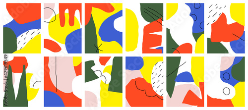Set of abstract backgrounds with hand drawn doodle objects and various organic shapes. Modern collage for pre-made poster or print. Multicolored vector illustration. Stroked paths are editable