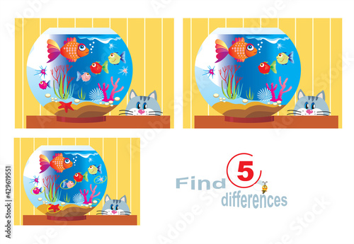 Aquarium with fish and plants. Children's educational game Find 5 differences.