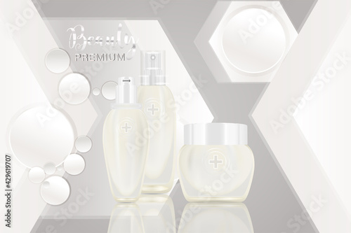 Beauty product ad design, white cosmetic containers with healthcare concept background ready to use, luxury skincare banner, illustration vector.