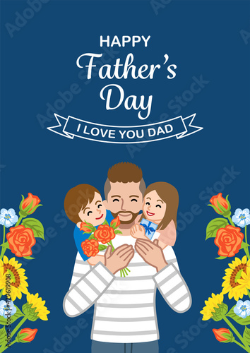 Beard father and two children - Father's day design template, Vertical