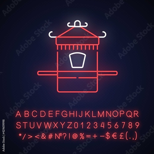 Chinese sedan chair neon light icon. Ancient vehicle for transportation. Oriental history. Outer glowing effect. Sign with alphabet, numbers and symbols. Vector isolated RGB color illustration
