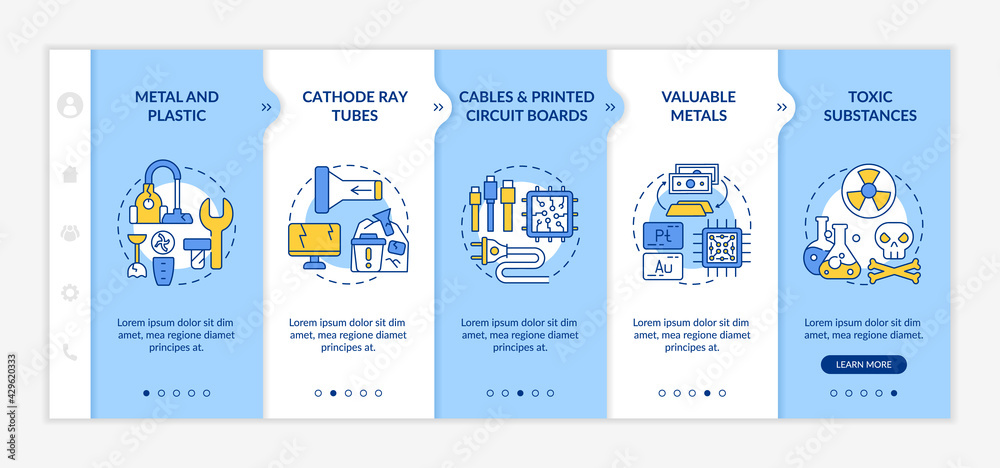 Electronic waste components onboarding vector template. Responsive mobile website with icons. Web page walkthrough 5 step screens. Printed circuit board, cables color concept with linear illustrations