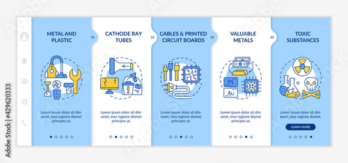 Electronic waste components onboarding vector template. Responsive mobile website with icons. Web page walkthrough 5 step screens. Printed circuit board, cables color concept with linear illustrations