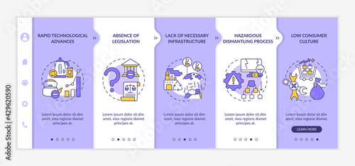 Electronic waste manage onboarding vector template. Responsive mobile website with icons. Web page walkthrough 5 step screens. Legislation absence, tech advance color concept with linear illustrations