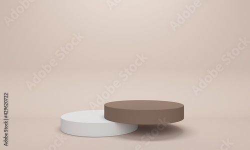 Brown and white podium for cosmetics on beige background. 3d rendering