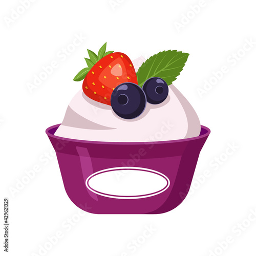 Yogurt icon in a plastic cup with berries. Delicious healthy breakfast or snack. Dairy products, a source of calcium