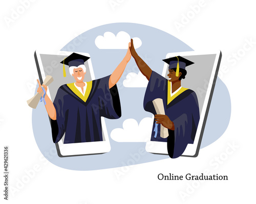 Vector isolated illustration of boys celebrating graduation online. Concept of virtual remote graduating ceremony. People of color in higher education system. Students finishing college, university.