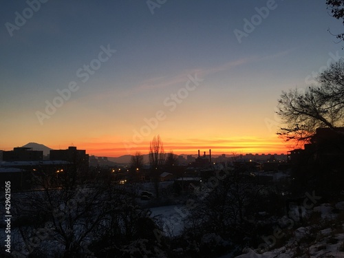 sunset over the river. City sunset, beautiful evening with colorful sky.  background wallpaper