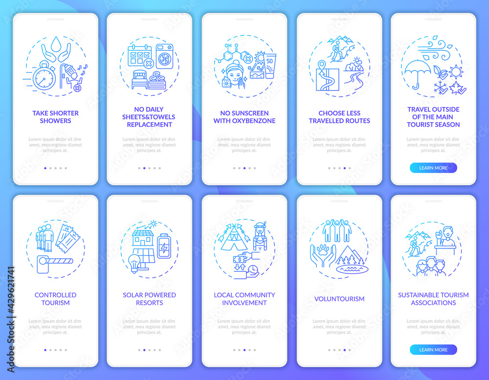 Green tourism onboarding mobile app page screen with concepts. Controlled tourism walkthrough 10 steps graphic instructions. UI, UX, GUI vector template with linear color illustrations