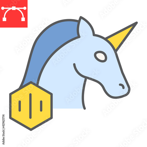 Unicorn with nft color line icon, unique token and non fungible token, unicorn vector icon, vector graphics, editable stroke filled outline sign, eps 10