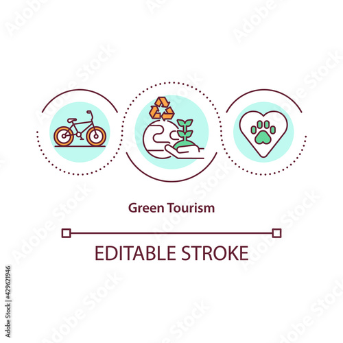 Green tourism concept icon. Tour for discovering natural environment. Exotic places of our planet idea thin line illustration. Vector isolated outline RGB color drawing. Editable stroke