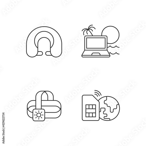 Nomadic lifestyle linear icons set. Trip gear. Neck pillow. Laptop for digital nomad. Summer vacation. Customizable thin line contour symbols. Isolated vector outline illustrations. Editable stroke