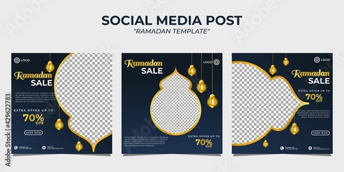 Ramadan sale social media post banner promotion template. With dark blue gradient background.
