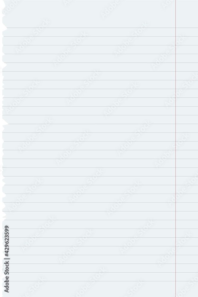 Realistic blank lined paper sheet with shadow with aspect ratio 2:3 format isolated. Lined page ripped from notebook. Design template or mockup. Vector illustration.
