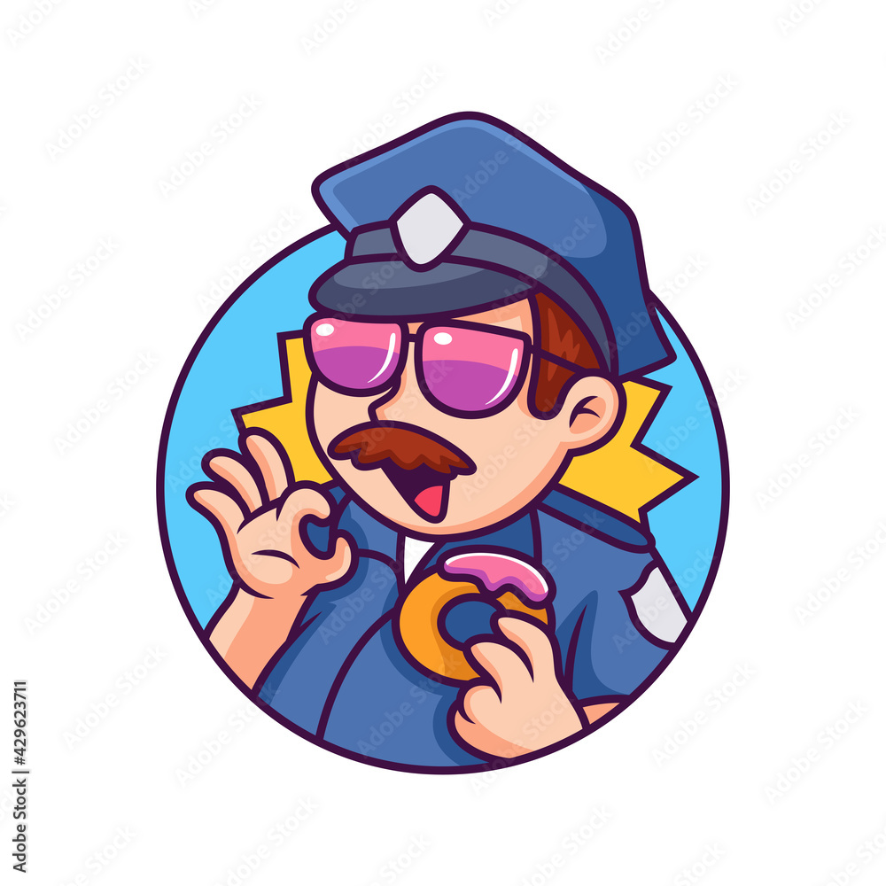 Police Eat Donut with Cute Expression Cartoon. Vector Icon Illustration, Isolated on Premium Vector