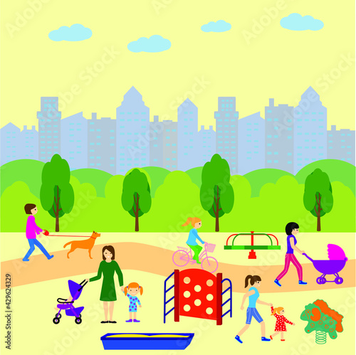 Children playground. Swings, sandpit, sandbox, bench, tree, slide. Children playing on playground. Kids swinging and playing. vector art and illustration