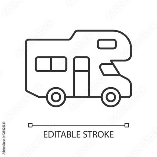Recreational vehicle linear icon. Roadtrip trailer. Van for touring. Nomadic lifestyle. Thin line customizable illustration. Contour symbol. Vector isolated outline drawing. Editable stroke