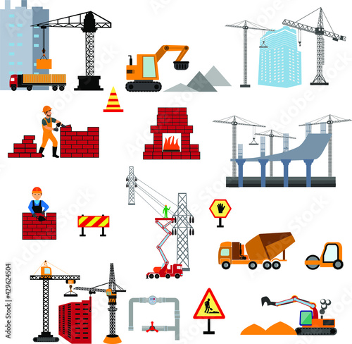 Under construction Building work process with construction machines. Vector illustration