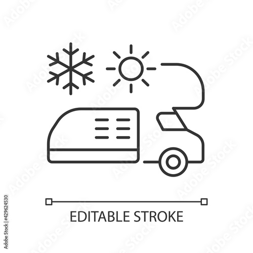 RV air conditioning and heating linear icon. Climate control for trailer. Van technology. Thin line customizable illustration. Contour symbol. Vector isolated outline drawing. Editable stroke
