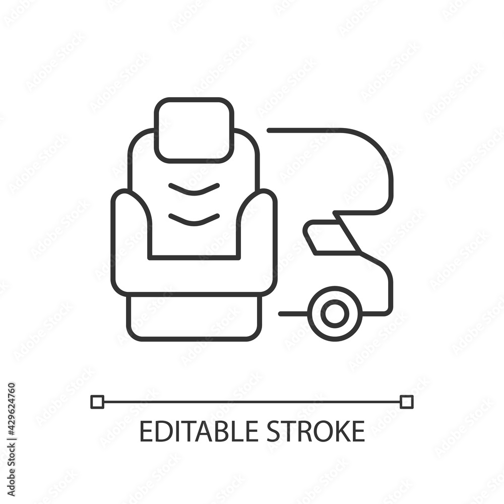RV furniture linear icon. Seating for trailer. Recliner chair for van. Nomadic lifestyle. Thin line customizable illustration. Contour symbol. Vector isolated outline drawing. Editable stroke RV furniture linear icon. Seating for trailer. Recliner chair for van. Nomadic lifestyle. Thin line customizable illustration. Contour symbol. Vector isolated outline drawing. Editable stroke