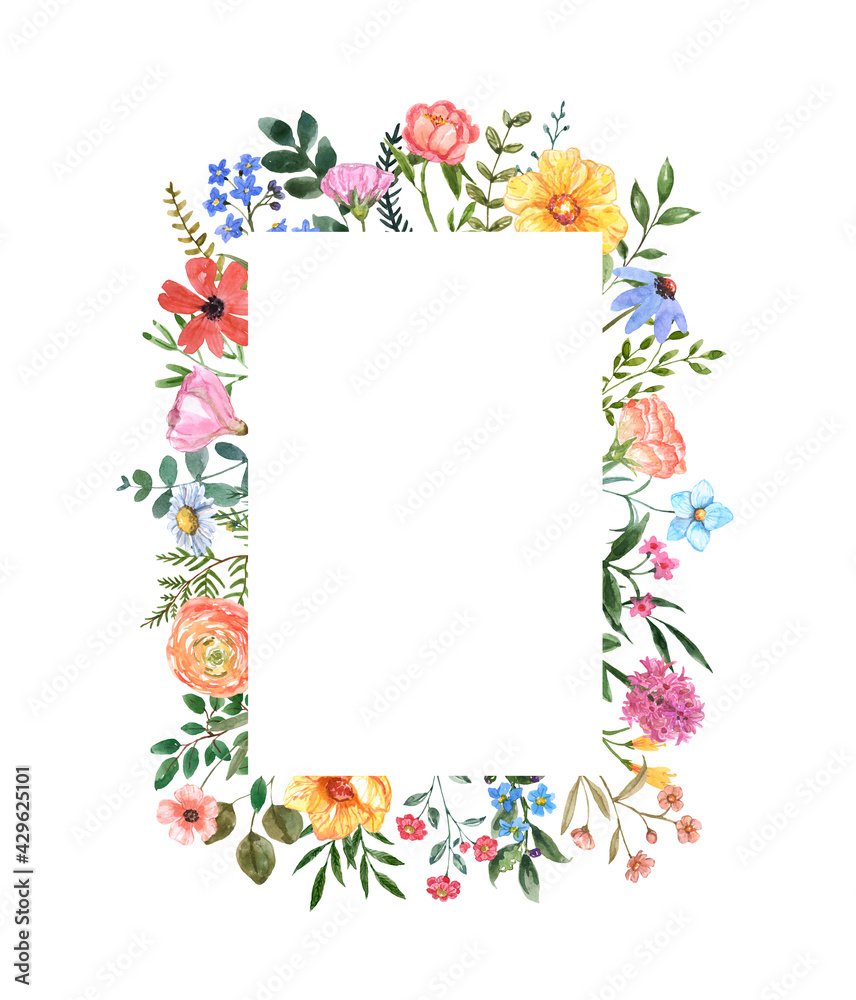 Watercolor floral frame with hand painted summer meadow wildflowers, herbs, grass, leaves, isolated on white background. Rectangle botanical border. Card or invitation template. - obrazy, fototapety, plakaty 