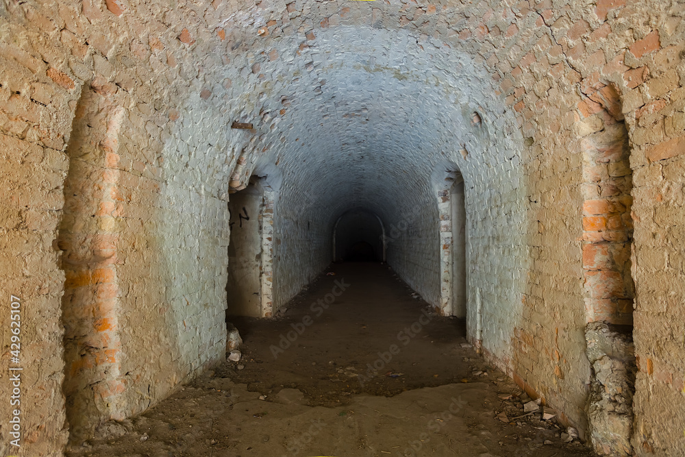 brick tunnel  in old fortress, medieval architecture background