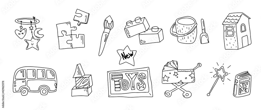 Toys doodle icons. Baby and kids toy. Icons for baby shop. type of toys. outline. Toys doodle icons. Baby and kids toy. Icons for baby shop. type of toys. outline.