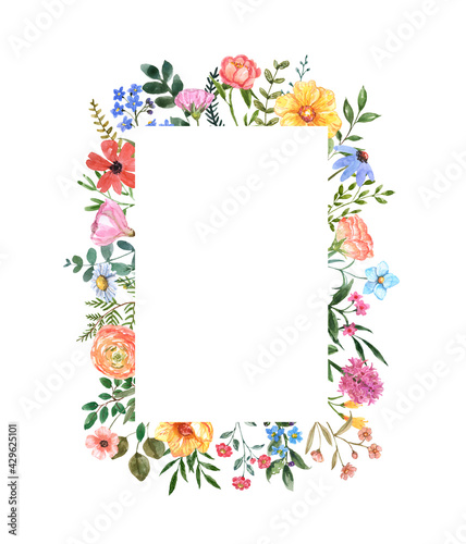 Watercolor floral frame with hand painted summer meadow wildflowers, herbs, grass, leaves, isolated on white background. Rectangle botanical border. Card or invitation template.