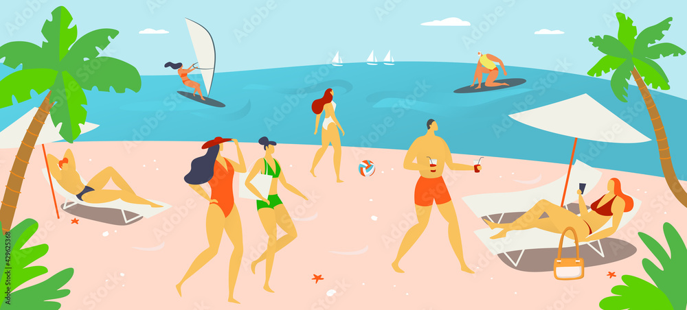 Vacation holiday time, people character together rest hot outdoor beach, tropical country sand shore cartoon vector illustration, natural landscape.
