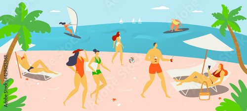 Vacation holiday time, people character together rest hot outdoor beach, tropical country sand shore cartoon vector illustration, natural landscape. © Vectorwonderland