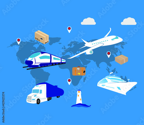 Set of flat vector web banners on the theme of Logistics, Warehouse, Freight, Cargo Transportation. Storage of goods, Insurance. Auto shipping. Air freight. Sea freight. Modern flat design.