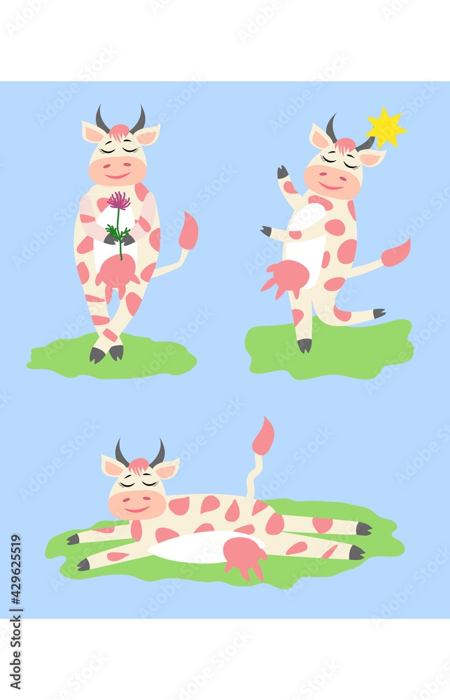 Cute happy cow with golden bell having fun, funny farm animal cartoon character Cute happy cow with golden bell having fun, funny farm animal cartoon character