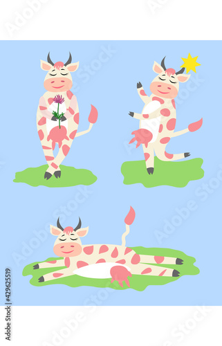 Cute happy cow with golden bell having fun, funny farm animal cartoon character