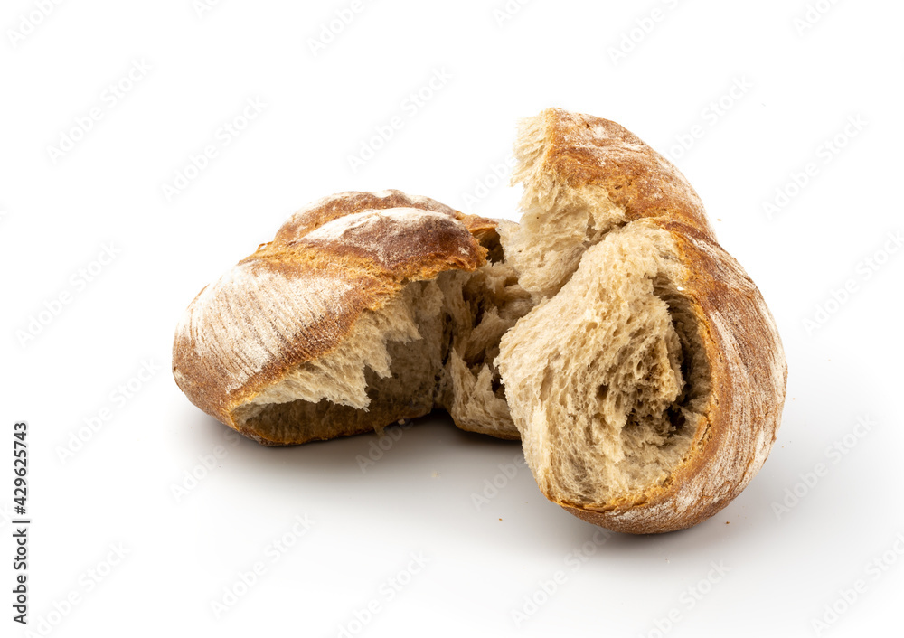 Torn fresh bread on a white background - obrazy, fototapety, plakaty 
