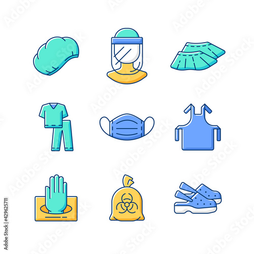Disposable medical uniform RGB color icons set. Surgical cap. Face shield. Shoe covers. Scrub suits. Facial mask. Medical apron and shoes. Gloves in box. Infectious waste bag. Isolated vector