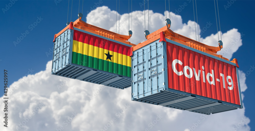 Container with Coronavirus Covid-19 text on the side and container with Ghana Flag.  3D Rendering 