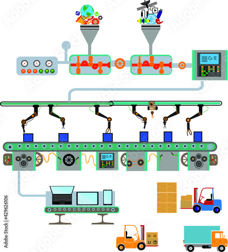 Robotic production line. Manufacturing and machine, automation and robotic and industry. Vector illustration