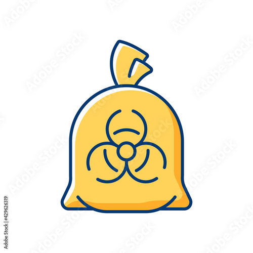 Infectious waste bag RGB color icon. Disposable biohazard trash. Clinical garbage, dangerous chemical hospital waste. Quarantine safety. Disposable PPE. Isolated vector illustration
