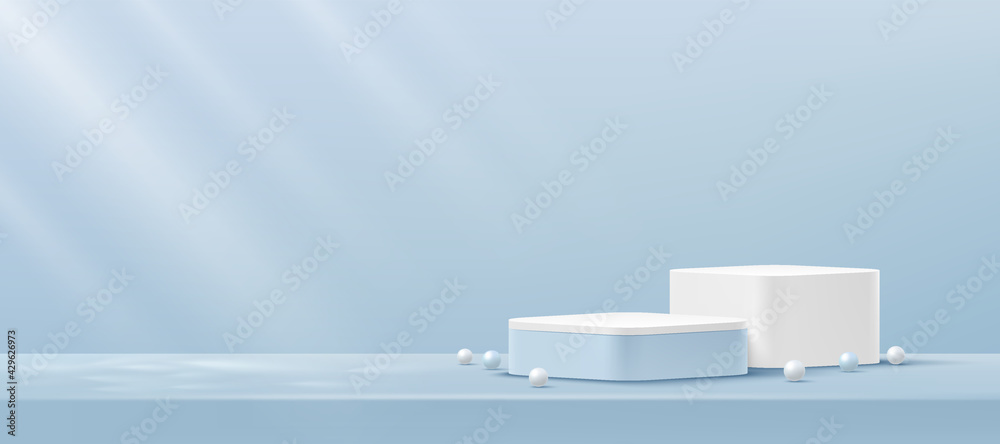 Obraz premium Abstract white and blue round corner cube platform podium. Window lighting. Light blue minimal wall scene. Vector rendering 3d shape for Product display presentation. Pedestal summer concept.