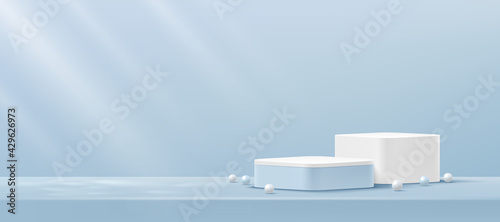 Abstract white and blue round corner cube platform podium. Window lighting. Light blue minimal wall scene. Vector rendering 3d shape for Product display presentation. Pedestal summer concept.