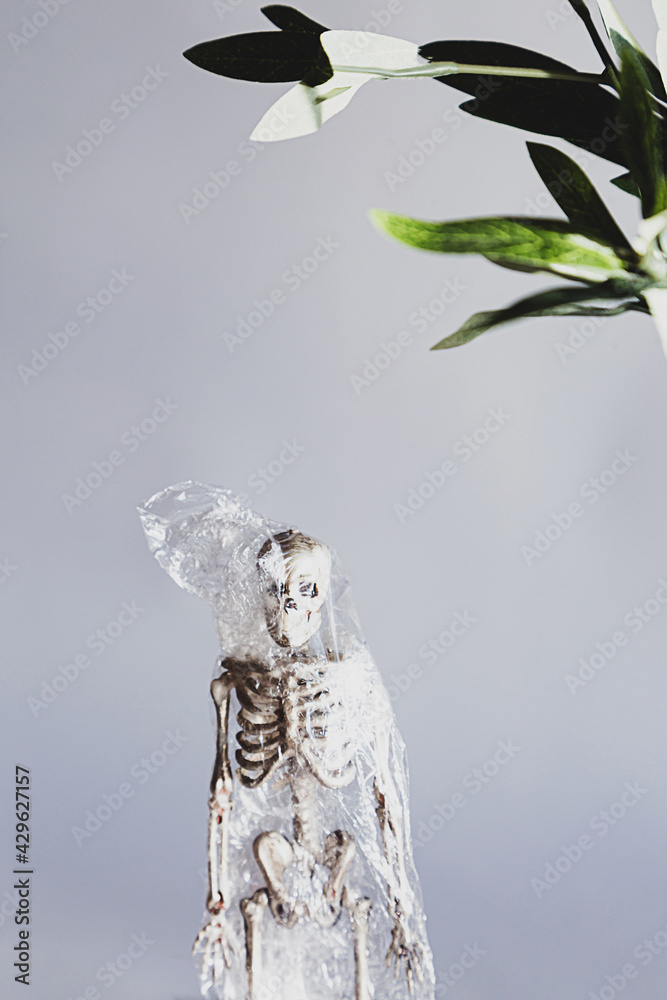 Creative composition of human skeleton in a plastic transparent cellophane bag. Zero waste modern concept.