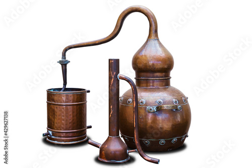 closeup old authentical copper home distiller isolated on white background