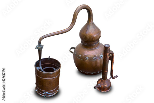 Billede på lærred closeup old authentical copper home distiller isolated on white background