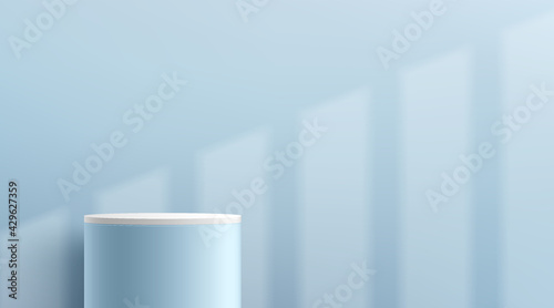 Fototapeta Naklejka Na Ścianę i Meble -  Abstract white and light blue cylinder platform podium. Window lighting. Light blue minimal wall scene. Vector rendering 3d shape for Product display presentation. Geometric pedestal with shadow.