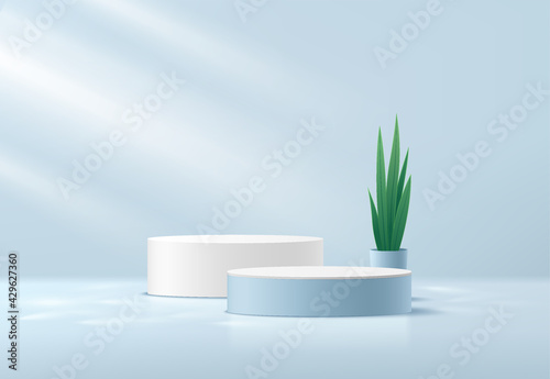 White and light blue cylinder platform podiums. Window lighting. Plant pot and green leave. blue minimal wall scene with shadow. Abstract vector rendering 3d shape for product display presentation.