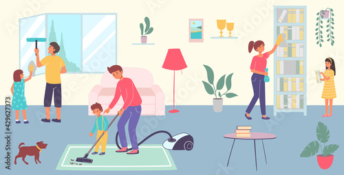 Friendly cheerful family together clean room house, character cleanup living hall flat vector illustration, big happy household.